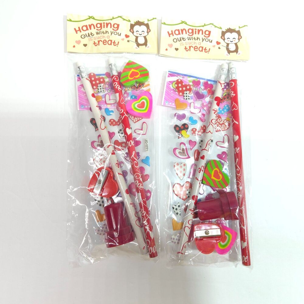 Valentines Day Pencil Favor Set Monkey Heart Pencils Erasers Stickers Lot of 2